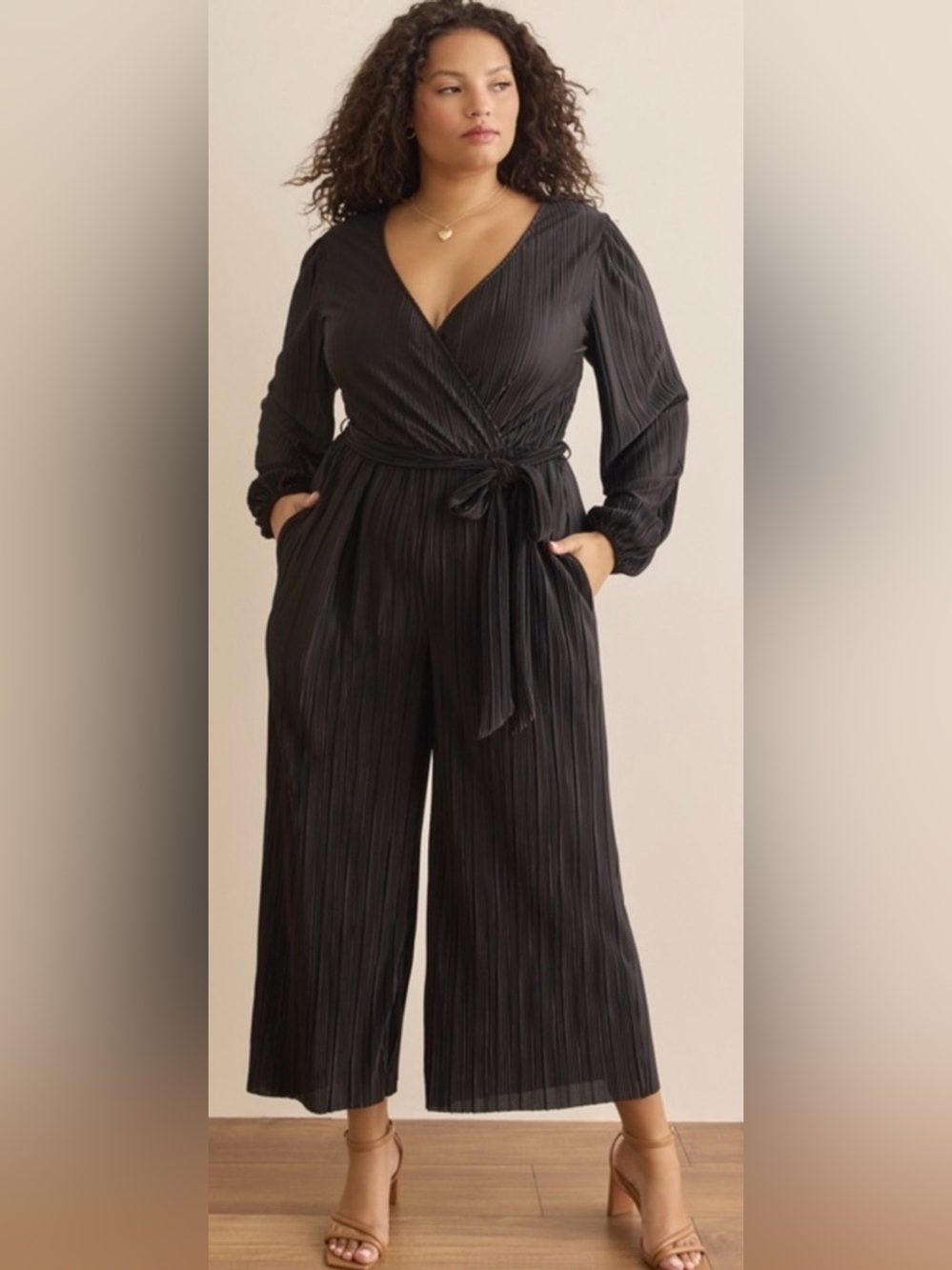 ARULA 3X Black Pleated Wide Leg Jumpsuit Belted Long Sleeve